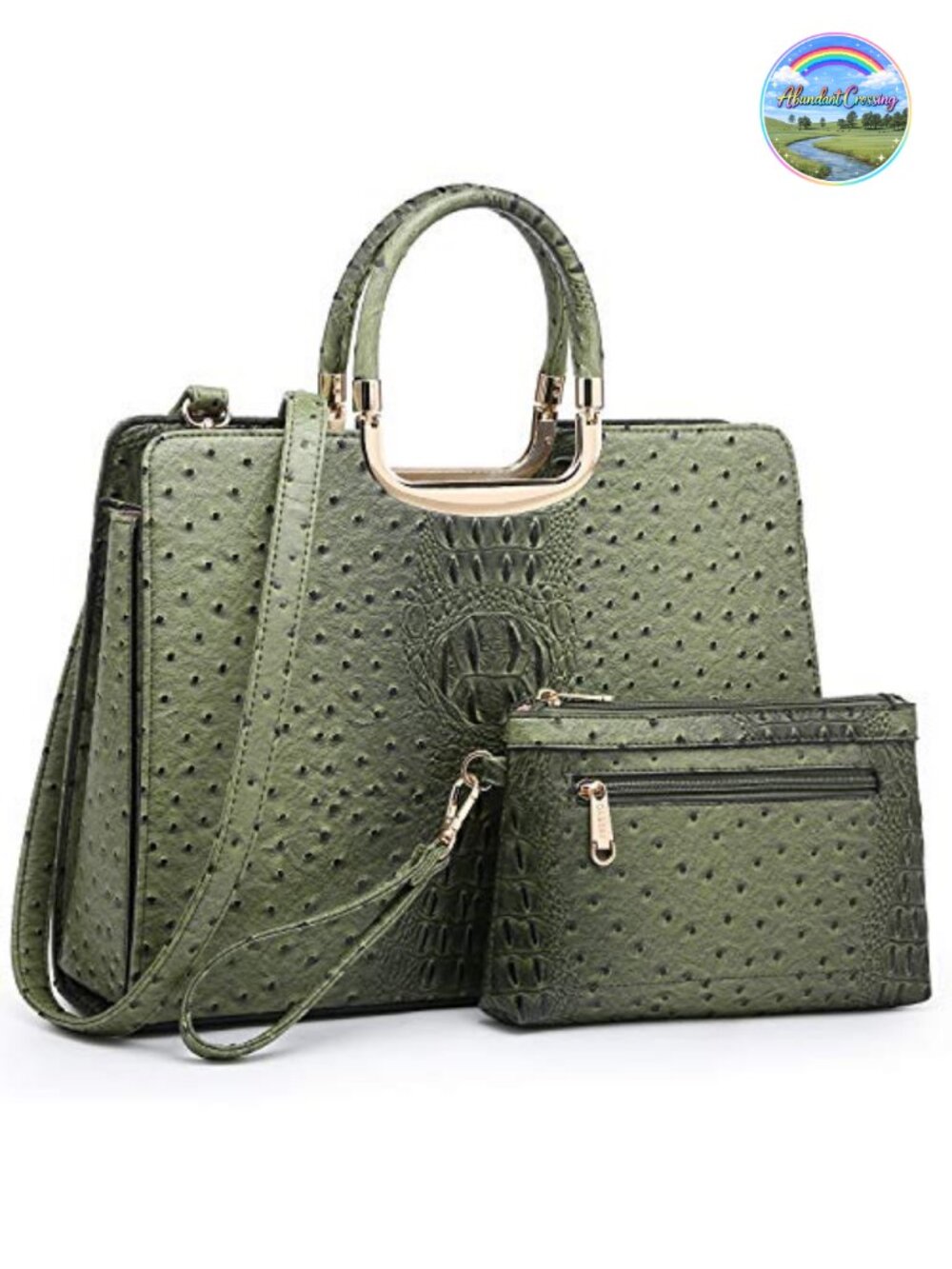 Vegan PU Ostrich Textured Satchel Tote Handbag with Matching Wallet